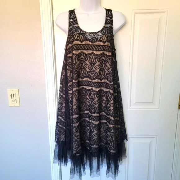 Mystree Sleeveless Dress Black Lace Crochet Tulle Hem Cocktail Party Date Sz S - Picture 1 of 8
